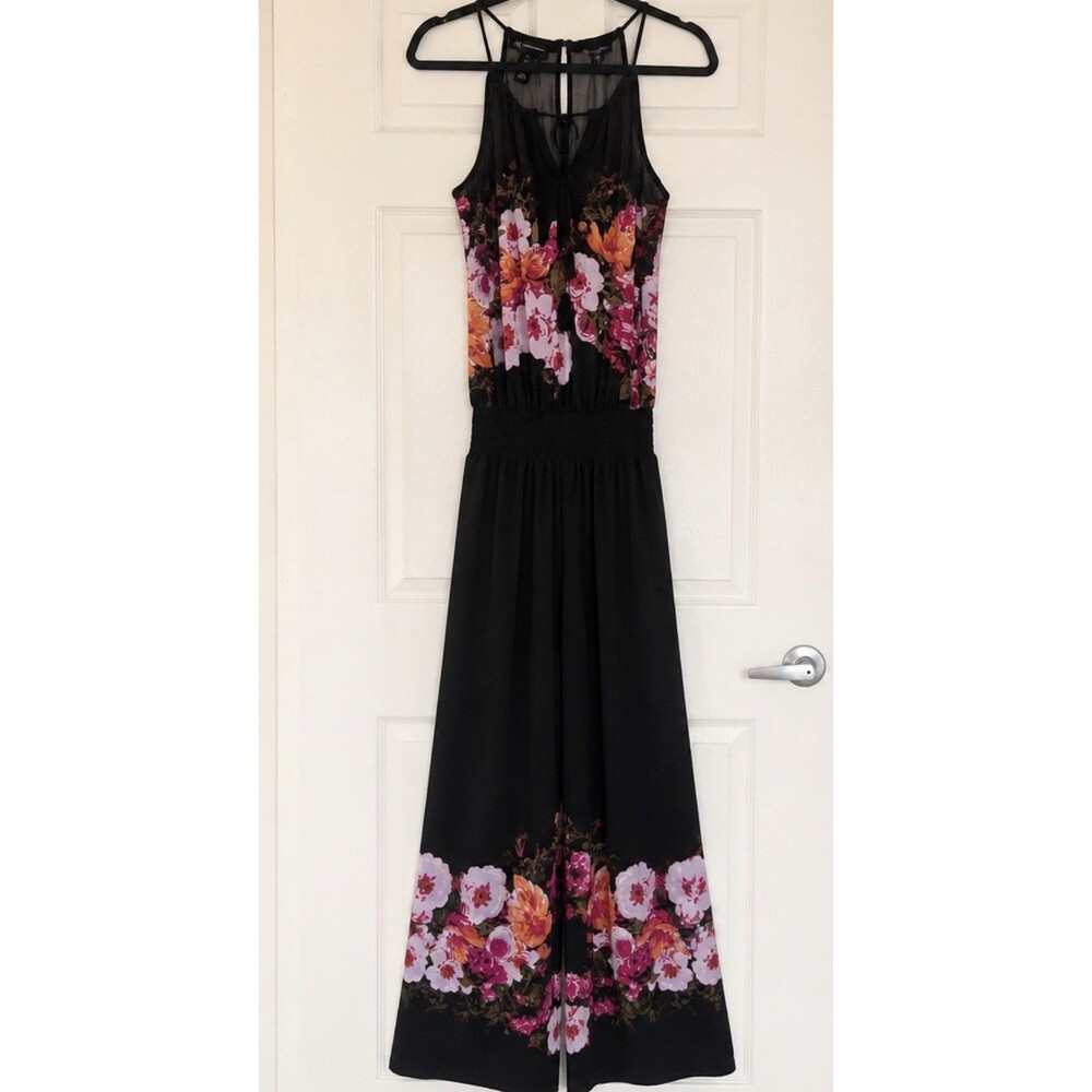 INC International Concepts Floral Halter Jumpsuit S Wide Leg Black  Whimsigoth